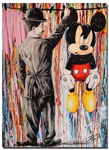 Leinwand Banksy Graffiti-Malerei Moderner bunter Charlie Chaplin mit ikonischen Superman- und Mickey-Maus-Bildern Street Graffiti Art Poster HD Print Wand Wohnkultur, Rahmenlos,Grau,A,70x100cm von KTGEDH