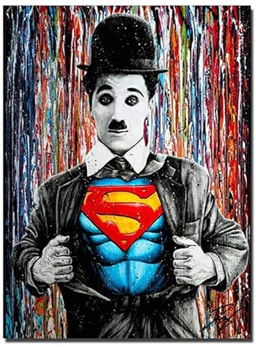 Leinwand Banksy Graffiti-Malerei Moderner bunter Charlie Chaplin mit ikonischen Superman- und Mickey-Maus-Bildern Street Graffiti Art Poster HD Print Wand Wohnkultur, Rahmenlos,Grau,B,70x100cm von KTGEDH
