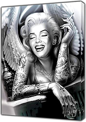 Schwarz Weiß Marilyn Monroe Angel Portrait Leinwand Gemälde Wandkunst Tattoo Rauchende Frauen Poster und Drucke Wohnkultur Bilder für Schlafzimmer, Wohnzimmer, rahmenlos,30x40cm von KTGEDH