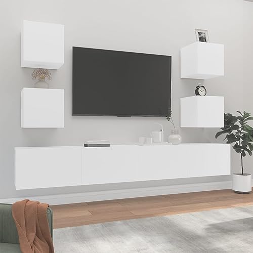 KTHLBRH 6-TLG. TV-Schrank-Set Weiß Holzwerkstoff HiFi Rack Konsolentisch mit Schubladen Fernseher Schrank Sideboard tv von KTHLBRH