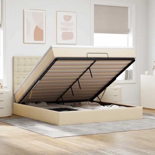 KTHLBRH Bettgestell Familienbett Doppelbett Schlafzimmer möbel Ottoman-Bett mit Matratze & LEDs Creme 180x200 cm Stoff von KTHLBRH