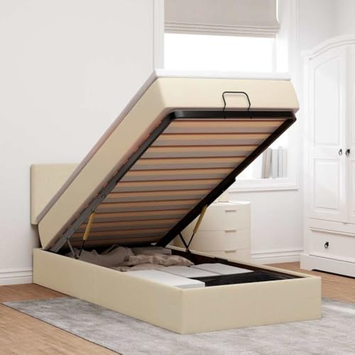 KTHLBRH Bettgestell Familienbett Doppelbett Schlafzimmer möbel Ottoman-Bett mit Matratze & LEDs Creme 90x200 cm Stoff von KTHLBRH