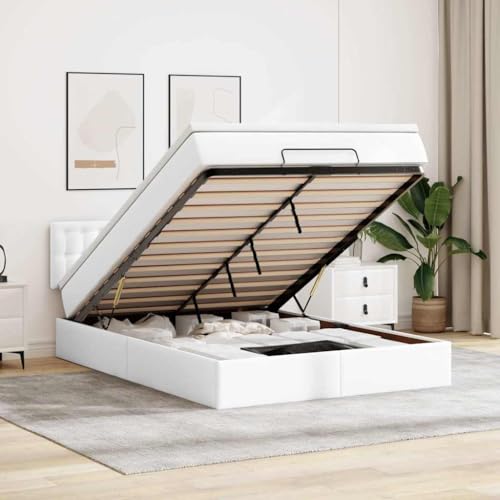 KTHLBRH Bettgestell Familienbett Doppelbett Schlafzimmer möbel Ottoman-Bett mit Matratzen & LEDs Reinweiß 200x200cm Kunstleder von KTHLBRH