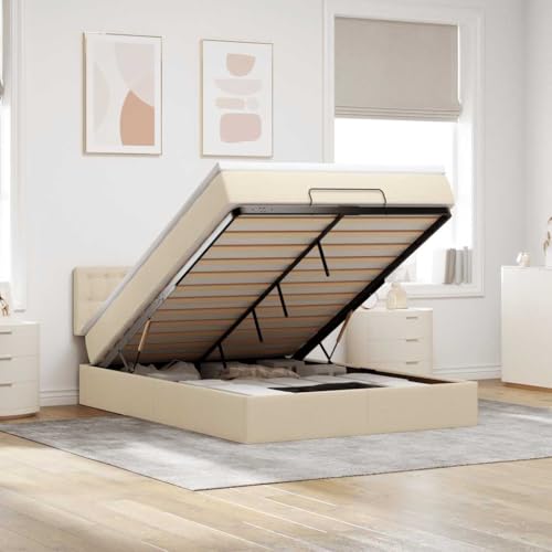 KTHLBRH Bettgestell Familienbett Doppelbett Schlafzimmer möbel Ottomane Bett mit Matratze & LEDs Creme 140x200 cm Stoff von KTHLBRH