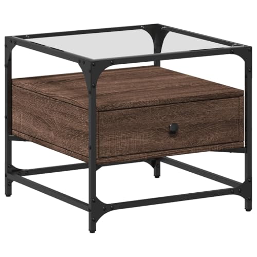 KTHLBRH Cauchsofa Tisch Couchtisch Klein Balkontisch Klein Kleines Regal - Couchtisch mit Glasplatte Braun Eichen-Optik 50x50x45 cm Stahl für Schlafzimmer Balkon Garten Wohnzimmer von KTHLBRH