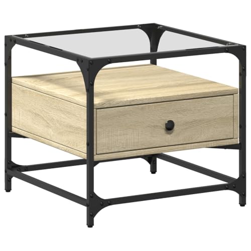 KTHLBRH Cauchsofa Tisch Couchtisch Klein Balkontisch Klein Kleines Regal - Couchtisch mit Glasplatte Sonoma-Eiche 50x50x45 cm Stahl für Schlafzimmer Balkon Garten Wohnzimmer von KTHLBRH