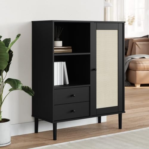 KTHLBRH Highboard SENJA Rattan-Optik Schwarz sideboards Schrank for Wohnzimmer Innenraum 90x40x112 cm Kiefernholz von KTHLBRH