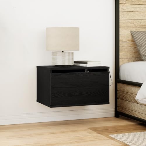 KTHLBRH LED Nachttisch Wandmontage Schwarz Eiche kommode mit schubladen nachtschrank for Schlafzimmer Wohnzimmer 50x36x30 cm von KTHLBRH