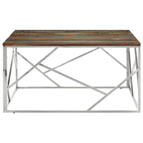 KTHLBRH Lounge Tisch Outdoor Wohnzimmertisch Wohnzimmer Möbel Living Room Table - Couchtisch Silbern Edelstahl und Altholz Massiv für Balkon Küche Garten Schlafzimmer von KTHLBRH