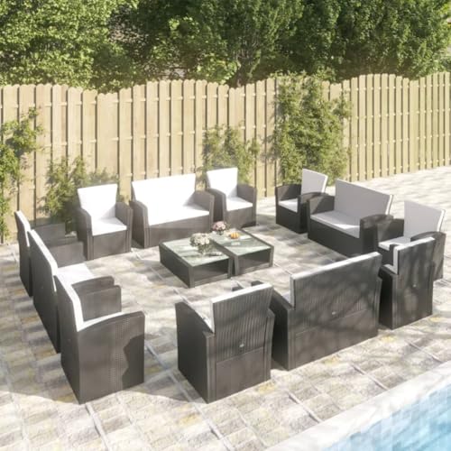 KTHLBRH Outdoor Lounge Garten möbel draußen Balkon Tisch und stühle 16-TLG. Garten-Lounge-Set mit Auflagen Poly Rattan Schwarz von KTHLBRH