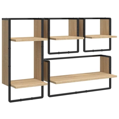 KTHLBRH Shelves Wall Schweberegale Badregal Floating Shelves - 4-TLG. Wandregal-Set mit Stangen Sonoma-Eiche Holzwerkstoff für Schlafzimmer Wohnzimmer Büro Balkon von KTHLBRH
