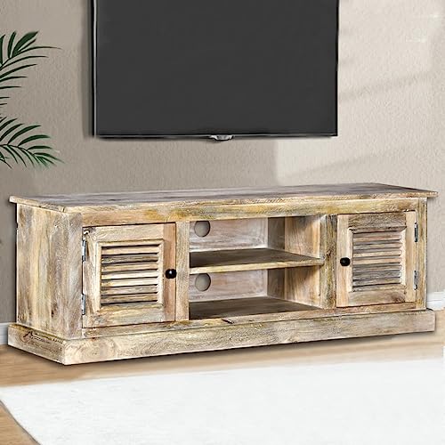 KTHLBRH TV-Schrank Massivholz Mango Rustikaler TV-Schrank aus Mangoholz mit 2 Vitrinen und 2 Regalen, Vintage-Stil für Wohnzimmer. KTHLBRH TV-Schrank Massivholz Mango Rustikaler TV-Schrank aus Mangoholz mit 2 Vitrinen und 2 Regalen, Vintage-Stil für Wohnzimmer. von KTHLBRH