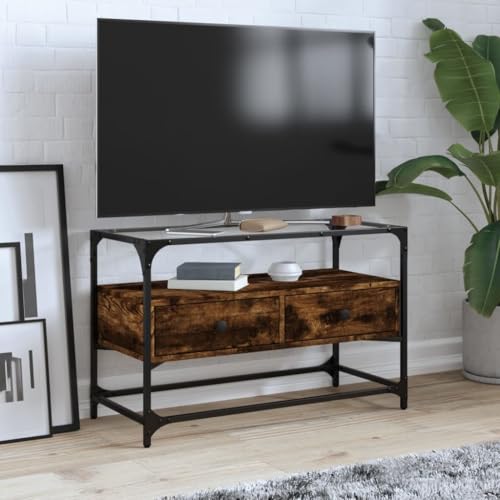 KTHLBRH TV-Schrank mit Glasplatte Räuchereiche Fernseher kommode tv unterschrank Couchtisch Sideboard Wohnzimmer 80x35x51cm Holzwerkstoff von KTHLBRH