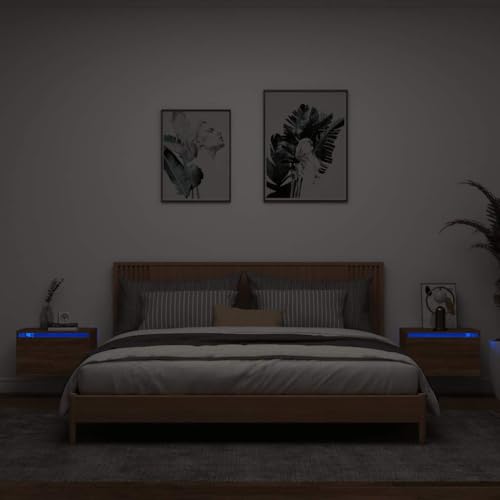 KTHLBRH Wand-Nachttische mit LED-Leuchten 2 STK. Braun Eichen-Optik kommode mit schubladen nachtschrank for Zimmer Schlafzimmer von KTHLBRH