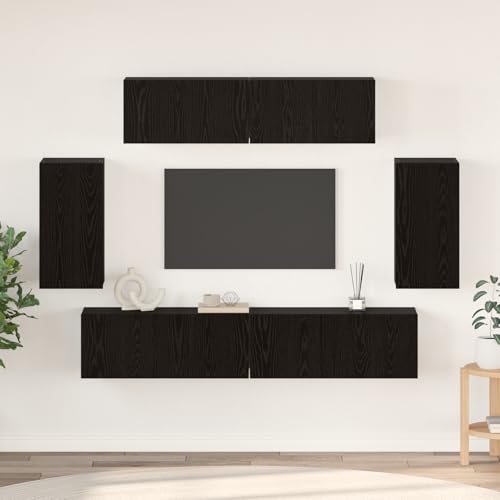 KTHLBRH Wand TV Schrank mit Speicher mit Tür 6 pcs Schwarz Eiche Holzwerkstoff tv Bank Fernseher kommode Sideboard hängend Couchtisch von KTHLBRH