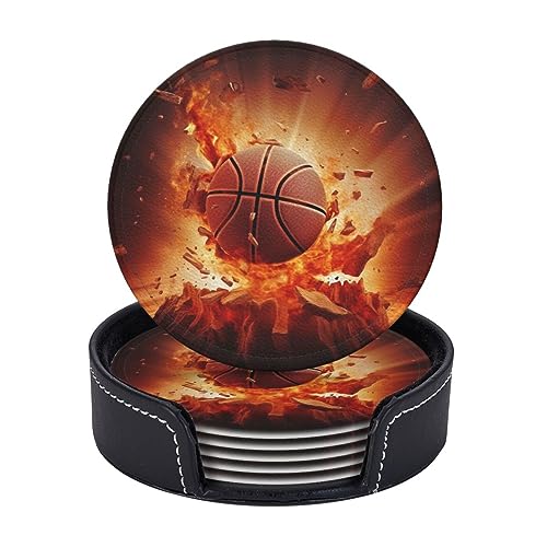 Runde Untersetzer für Getränke, 6 Stück, PU-Leder-Untersetzer mit Halter, 10,2 cm Getränkeuntersetzer für Couchtisch, Basketball-Tassen-Untersetzer für Tischschutz, Trinkbechermatte von KTHSNSKL