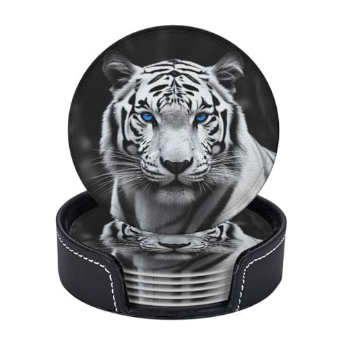 Runde Untersetzer für Getränke, 6 Stück, PU-Leder-Untersetzer mit Halter, 10,2 cm Getränkeuntersetzer für Couchtisch, Blauäugiger Tiger-Untersetzer für Tischschutz, Trinkbechermatte von KTHSNSKL