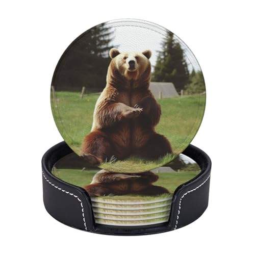 Runde Untersetzer für Getränke, 6 Stück, PU-Leder-Untersetzer mit Halter, 10,2 cm Getränkeuntersetzer für Couchtisch, Hi Bear Sitzen auf dem Rasen, Tassen-Untersetzer für Tischschutz, Trinkbechermatte von KTHSNSKL