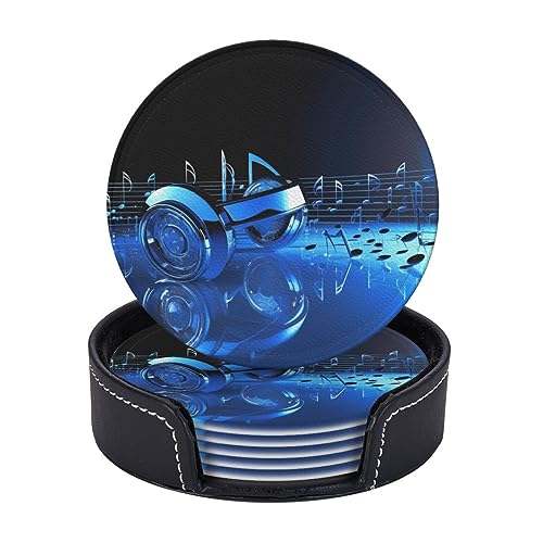 Runde Untersetzer für Getränke, 6 Stück, PU-Leder-Untersetzer mit Halter, 10,2 cm Getränkeuntersetzer für Couchtisch, blaue Musik-Tassen-Untersetzer für Tischschutz, Trinkbechermatte von KTHSNSKL