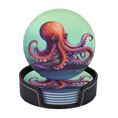 Runde Untersetzer für Getränke, 6 Stück, PU-Leder-Untersetzer mit Halter, 10,2 cm Getränkeuntersetzer für Couchtisch, niedlicher Oktopus-Tassen-Untersetzer für Tischschutz, Trinkbechermatte von KTHSNSKL