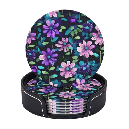 Runde Untersetzer für Getränke, 6er-Set, PU-Leder-Untersetzer mit Halter, 10,2 cm, Getränkeuntersetzer für Couchtisch, lila Kamelien-Tassen-Untersetzer für Tischschutz, Trinkbechermatte von KTHSNSKL