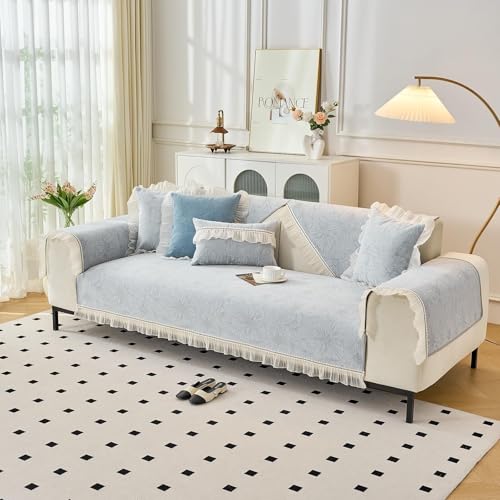 Chenille-Sofabezug Mit Blumenmuster Und Rüschenrand – Waschbarer, Rutschfester Sofaschutz For Haustiere Und Kinder – Dekorativer Möbelbezug(Pattern1# Bluish Grey,1pc/35.4"x35.4"/Armrest or Backrest Co von KTLCNDF