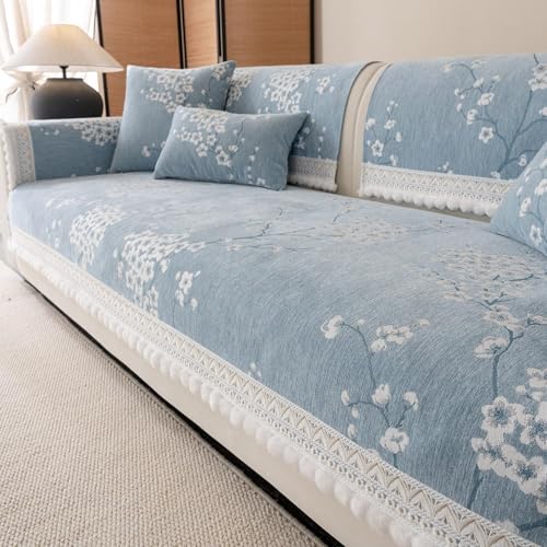 Chenille-Sofabezug Mit Blumenmuster Und Rüschenrand – Waschbarer, Rutschfester Sofaschutz For Haustiere Und Kinder – Dekorativer Möbelbezug(Pattern2# Blue,1pc/35.4"x35.4"/Armrest or Backrest Cover) von KTLCNDF