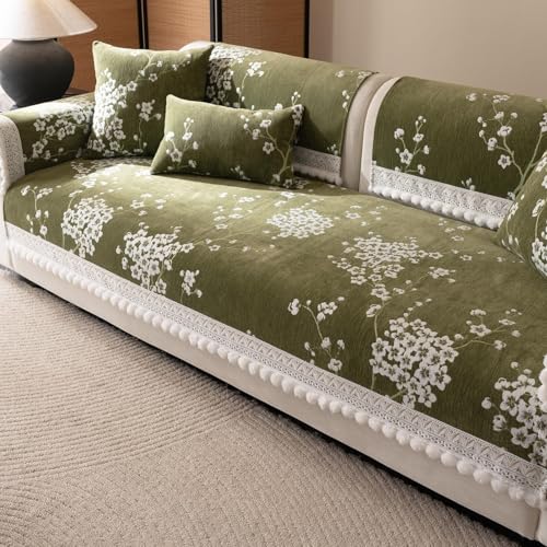 Chenille-Sofabezug Mit Blumenmuster Und Rüschenrand – Waschbarer, Rutschfester Sofaschutz For Haustiere Und Kinder – Dekorativer Möbelbezug(Pattern2# Green,1pc/27.6"x27.6"/Armrest or Backrest Cover) von KTLCNDF