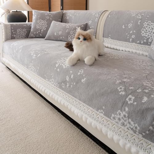 Chenille-Sofabezug Mit Blumenmuster Und Rüschenrand – Waschbarer, Rutschfester Sofaschutz For Haustiere Und Kinder – Dekorativer Möbelbezug(Pattern2# Grey,1pc/27.6"x27.6"/Armrest or Backrest Cover) von KTLCNDF