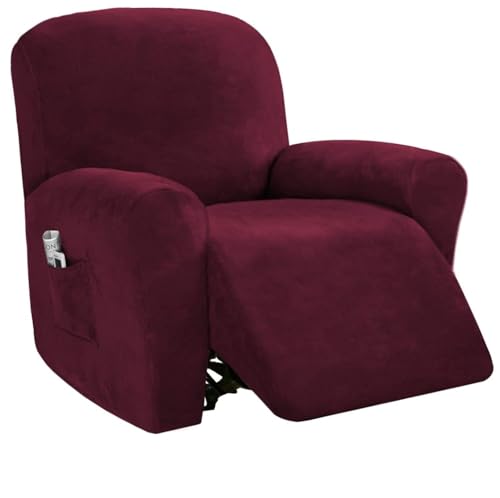 KTLCNDF 4-teiliges Samt-Schonbezug-Set for Relaxsessel – Stretch-Plüschbezüge for Manuelle/elektrische Relaxsessel Mit Seitentaschen, Möbelschutz(Wine Red) von KTLCNDF