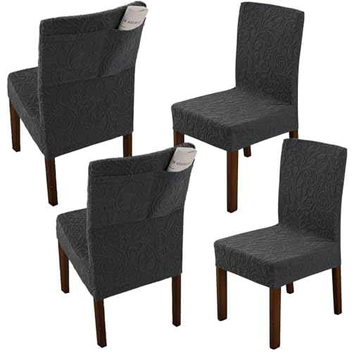KTLCNDF 4er-Pack Stuhlhussen for Esszimmerstühle – Stuhlhussen Aus Elastischem Strick Im Parsons-Stil Mit Seitentaschen (Dunkelgrau) – Passend for Stühle Mit Einer Höhe Von 48,3–61 cm(Dark Grey,4pc) von KTLCNDF