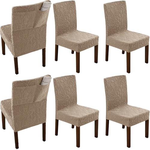 KTLCNDF 4er-Pack Stuhlhussen for Esszimmerstühle – Stuhlhussen Aus Elastischem Strick Im Parsons-Stil Mit Seitentaschen (Dunkelgrau) – Passend for Stühle Mit Einer Höhe Von 48,3–61 cm(Khaki,6pc) von KTLCNDF