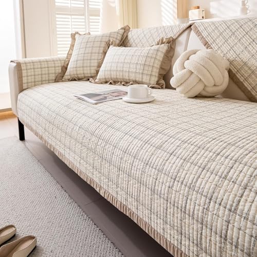 KTLCNDF Blau Karierter Gesteppter Sofabezug – Couchschutz Aus Baumwolle Im Landhausstil Mit Rutschfester Rückseite(Coffee,1pc/28"x59"/Rectangular) von KTLCNDF