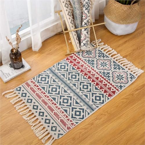 KTLCNDF Floraler Baumwollteppich - Handgewebter Quastenteppich Mit Geometrischen Akzenten, Bauernhausteppich for Wohnzimmer/Schlafzimmer/Küche, Waschbares Dekor(Black) von KTLCNDF