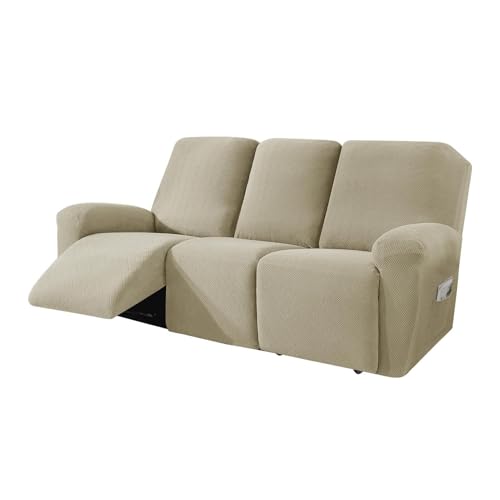 KTLCNDF Jacquard-Sofabezug for Liegesofas (1/2/3-Sitzer) – Elastischer Stretch-Schonbezug Mit Seitentaschen – Hochwertiger Möbelschutz for Liegesofas(Khaki,3 Seater) von KTLCNDF