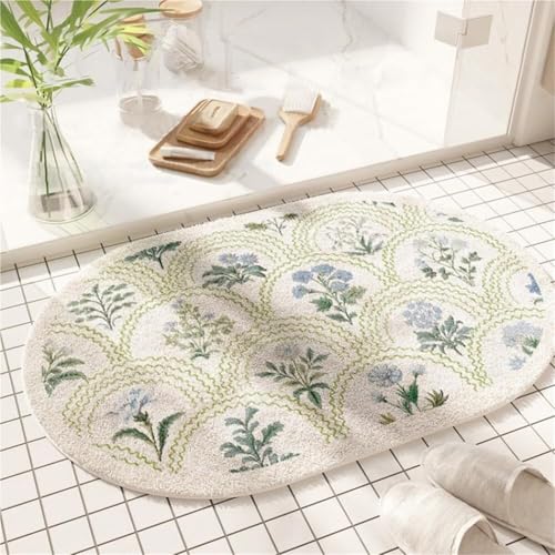 KTLCNDF Ovaler Badteppich Mit Blumenmuster – Mikrofasermatte Mit Frühlingsgartenmotiv, Schnelltrocknender, Rutschfester, Saugfähiger Teppich/Dusche/Wanne (40,6 X 61 cm)(Oval C,2' x 2'11" (Oval)) von KTLCNDF