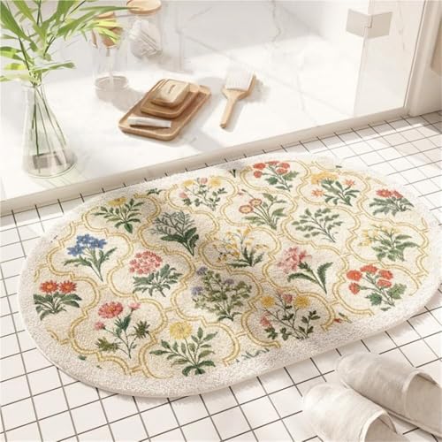 KTLCNDF Ovaler Badteppich Mit Blumenmuster – Mikrofasermatte Mit Frühlingsgartenmotiv, Schnelltrocknender, Rutschfester, Saugfähiger Teppich/Dusche/Wanne (40,6 X 61 cm)(Rectangle C,1'8" x 2'7") von KTLCNDF