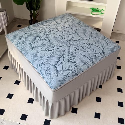 KTLCNDF Quadratischer Ottomanenbezug Mit Rüschenrock – 80,8 cm Langer Stretch-Jacquard-Fußhockerbezug (blau) – Passend for Die Meisten Modularen Ottomanen – Waschbarer Möbelschutz(Blue) von KTLCNDF
