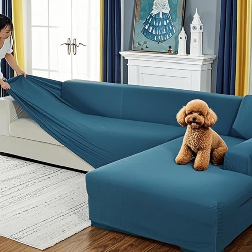 KTLCNDF Robuster L-förmiger Sofabezug (1/2/3/4-Sitzer) - Dehnbarer Möbelschutz for Haustiere Und Kinder - Rutschfester, Waschbarer Sofabezug(Blue,300-350cm) von KTLCNDF