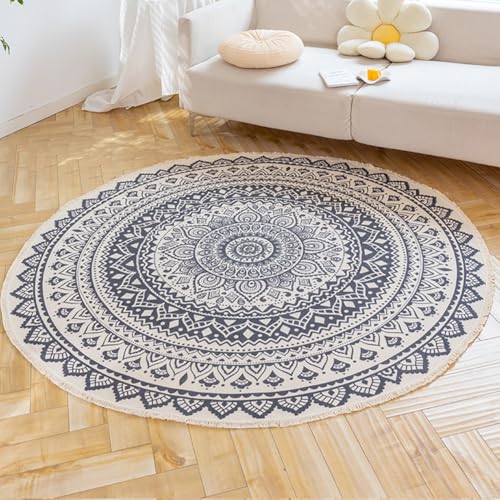 KTLCNDF Runder Baumwollteppich – Handgewebte Ethnische Motive Mit Quasten, Maschinenwaschbarer Und Rutschfester Teppich for Wohnzimmer/Schlafzimmer/Esszimmer (3 X 3 Fuß)(Pattern D,3' (Round)) von KTLCNDF