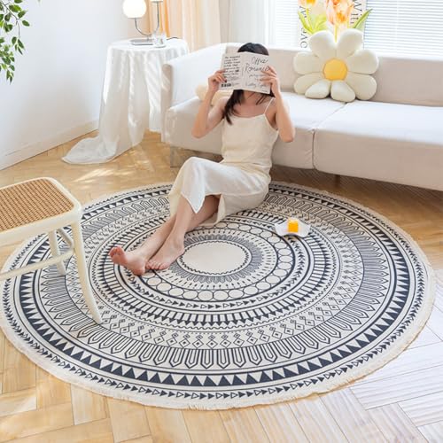 KTLCNDF Runder Baumwollteppich – Handgewebte Ethnische Motive Mit Quasten, Maschinenwaschbarer Und Rutschfester Teppich for Wohnzimmer/Schlafzimmer/Esszimmer (3 X 3 Fuß)(Pattern I,5'11" (Round)) von KTLCNDF