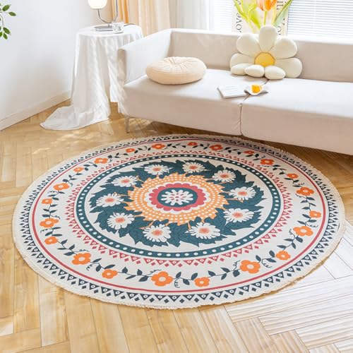 KTLCNDF Runder Baumwollteppich – Handgewebte Ethnische Motive Mit Quasten, Maschinenwaschbarer Und Rutschfester Teppich for Wohnzimmer/Schlafzimmer/Esszimmer (3 X 3 Fuß)(Pattern U,3'11" (Round)) von KTLCNDF