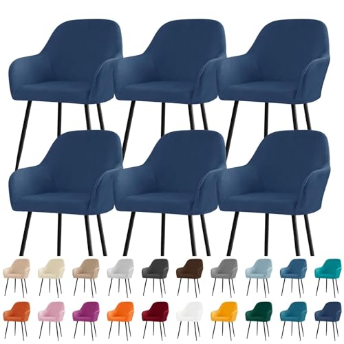 KTLCNDF Stuhlhussen for Esszimmerstühle Aus Samt Mit Gebogener Rückenlehne Und Armlehnen – Stretch-Schonbezüge Aus Spandex-Polyester for Akzent-/Büro-/Barhocker(Navy Blue,6pc) von KTLCNDF