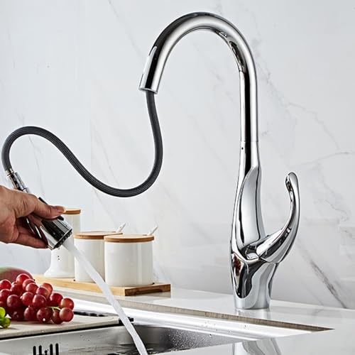 Küchenspüle Aus Gebürstetem Messing Mit Ausziehbarer Brause | Zwei-Modus-Drehfunktion For Müheloses Reinigen(Chrome Plated) von KTLCNDF