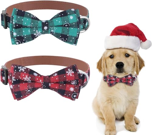 Hundehalsband Weihnachten, mit Hunde Fliege Abnehmbarer Hundehalsband, Weich und Bequem, verstellbares Hundehalsband, für Hunde Kleine Mittel große Hunde (L(45CM~55CM), Grün + Rot) von KTWSUEF