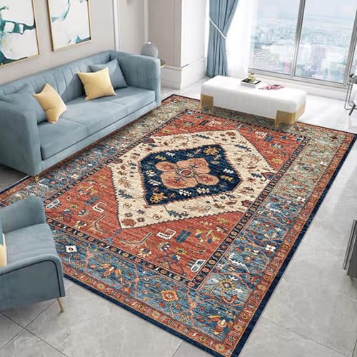 KTYUTJDH Kurzflor Teppich Waschbar für Wohnzimmer, Dunkelblau Grün Orange Gelb Beige Floral Traditionelle Muster,Multicoloured,Rectangular 200 x 300 cm von KTYUTJDH