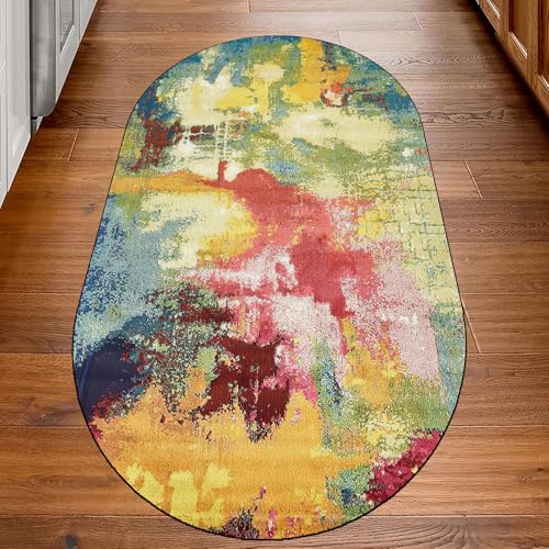 KTYUTJDH Ovaler Teppiche,Aquarell Art Deco Rot Gelb Blau Grün Abstrakt,Mehrfarbig,Oval 80 x 160 cm, Teppich Deko für Wohnzimmer Schlafzimmer Kommode Flur Carpet, von KTYUTJDH