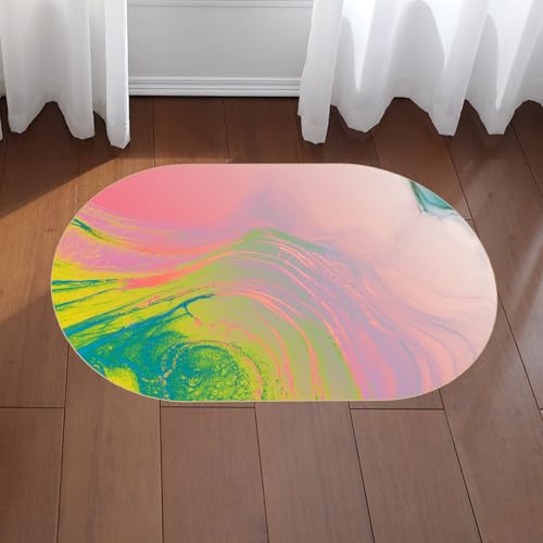 KTYUTJDH Ovaler Teppiche,Art Deco Türkis Blau Blaugrün Grün Gelb Rosa,Aquarell,Oval 120 x 180 cm, Kurzflor Deko Sofa Wohnzimmer Schlafzimmer kommode Flächenteppich, von KTYUTJDH