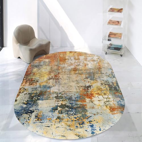 KTYUTJDH Ovaler Teppiche,Blau Gelb Rot Orange Abstrakt Modern, Mehrfarbig, Oval 80 x 140 cm Waschbar Teppich Deko für Wohnzimmer Flur Läufer Esszimmer Küchen, von KTYUTJDH