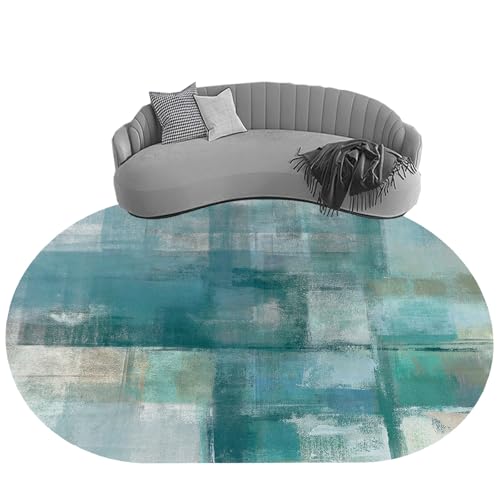 KTYUTJDH Ovaler Teppiche,Blau Grün Grau Weiß Abstrakt Modernes Dekor, Blaugrün, Oval 70 x 120 cm, Teppich Wohnzimmer Waschbar Zimmer Deko Aesthetic Schlafzimmer, von KTYUTJDH
